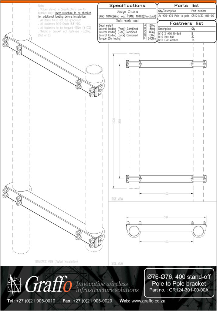 76mm to 76mm, 400 stand-off pole to pole bracket